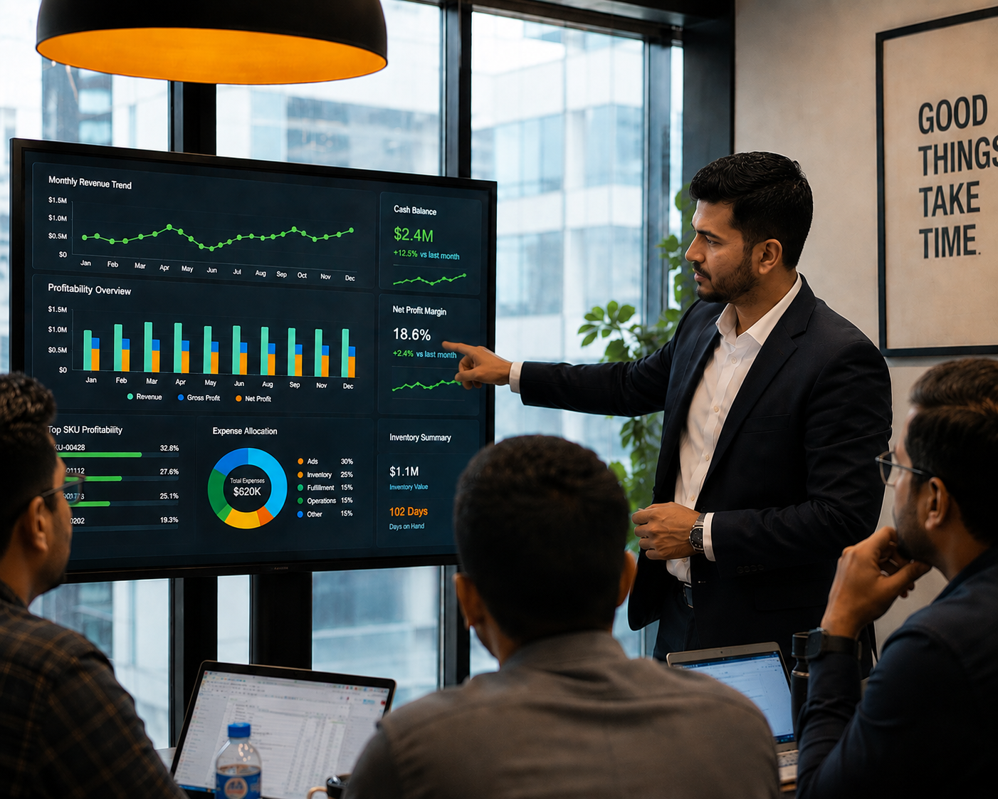 Founder reviewing a live financial dashboard with the team